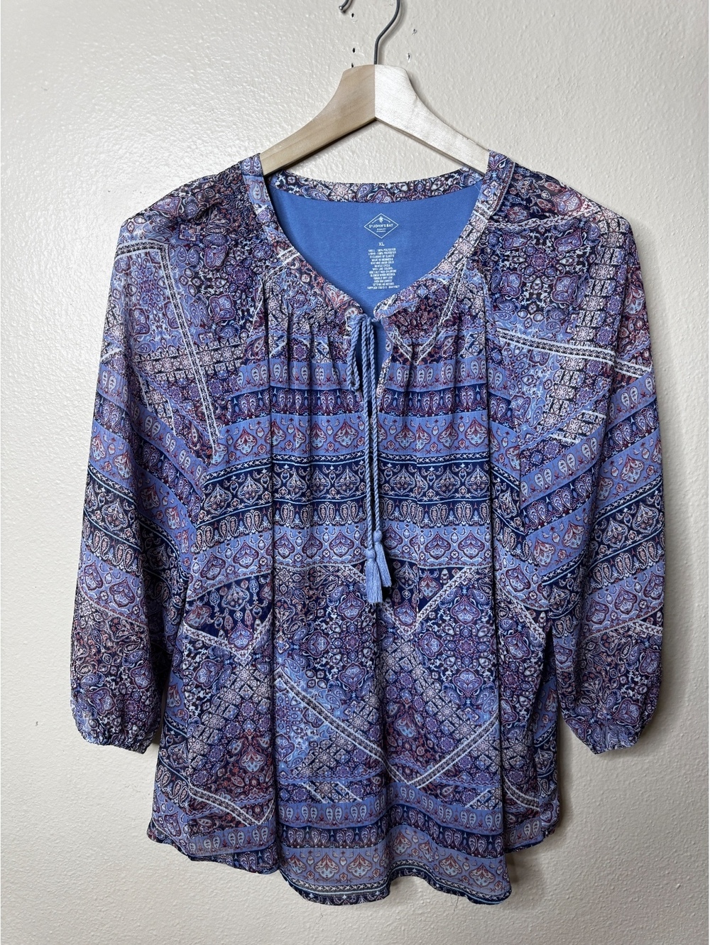St John's Bay Womens XL Peasant Blouse Blue Paisley Tassel Tie 3/4 Sleeve
